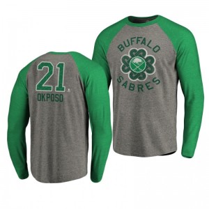 Buffalo Sabres Kyle Okposo 2019 St. Patrick's Day Luck Tradition Long Sleeve Tri-Blend Raglan Heathered Gray T-Shirt - Sale