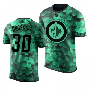 Jets Laurent Brossoit St. Patrick's Day Green Lucky Shamrock Adidas T-shirt - Sale