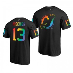 Nico Hischier Devils Black Rainbow Pride Name and Number T-Shirt - Sale