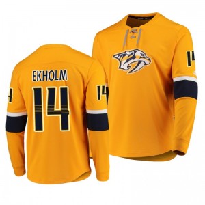 Predators Mattias Ekholm Yellow Adidas Platinum Long Sleeve Jersey T-Shirt - Sale