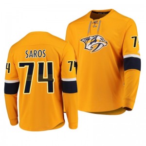 Predators Juuse Saros Yellow Adidas Platinum Long Sleeve Jersey T-Shirt - Sale