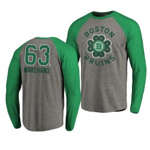 Boston Bruins Brad Marchand 2019 St. Patrick's Day Luck Tradition Long Sleeve Tri-Blend Raglan Heathered Gray T-Shirt - Sale