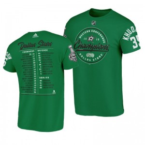 Men 2020 Western Conference Champs Stars Anton Khudobin Green Pivot Roster T-Shirt - Sale