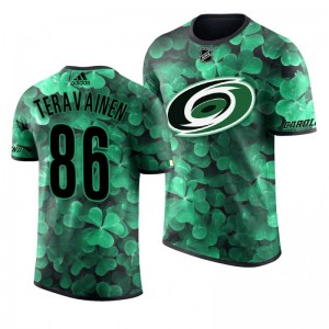 Hurricanes Teuvo Teravainen St. Patrick's Day Green Lucky Shamrock Adidas T-shirt - Sale