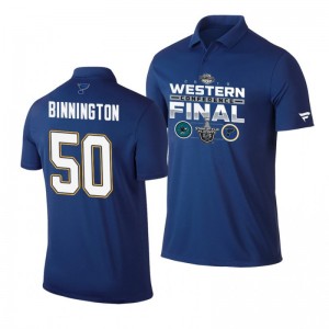 Jordan Binnington Blues 2019 Stanley Cup Western Conference Finals Matchup Polo Shirt Blue - Sale