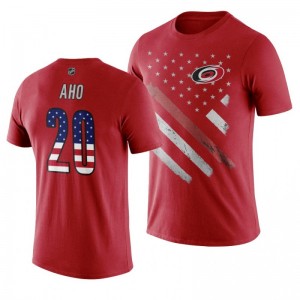 Sebastian Aho Hurricanes Red Independence Day T-Shirt - Sale