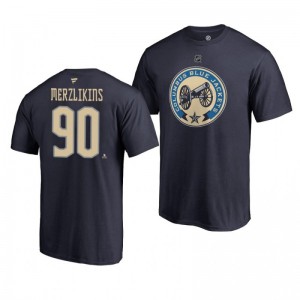Blue Jackets Elvis Merzlikins Navy Alternate Authentic Stack T-Shirt - Sale