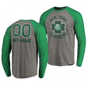 New York Islanders Custom St. Patrick's Day Luck Tradition Long Sleeve Tri-Blend Raglan Heathered Gray T-Shirt - Sale