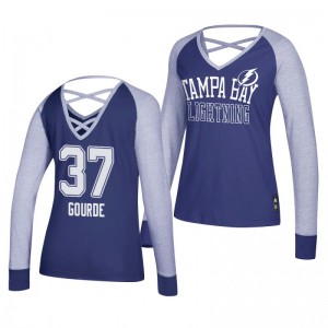Yanni Gourde Tampa Bay Lightning 2019 Long Sleeve Women's Blue Adidas Contrast T-Shirt - Sale