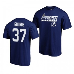 Lightning #37 Yanni Gourde 2019 Atlantic Division Champions Clipping Name and Number Blue T-Shirt - Sale