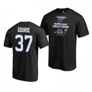 Lightning #37 Yanni Gourde 2019 Presidents' Trophy Winners Backhand Score Player T-Shirt Black - Sale