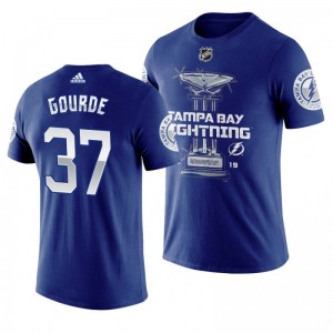 Lightning #37 Yanni Gourde 2019 Presidents' Trophy Winners Backhand Score T-shirt Navy - Sale