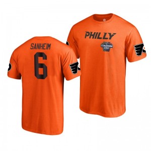Flyers Travis Sanheim 2019 NHL Stadium Series Name and Number Orange T-Shirt - Sale