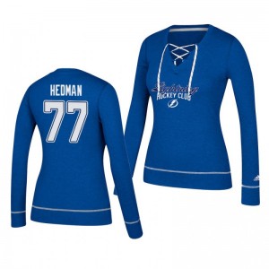 Victor Hedman Tampa Bay Lightning 2019 Skate Through Women's Blue Lace-Up V-Neck T-Shirt - Sale
