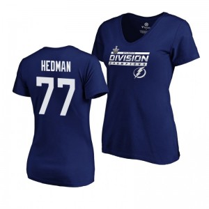 Women's Lightning #77 Victor Hedman 2019 Atlantic Division Champions Clipping V-Neck Blue T-Shirt - Sale