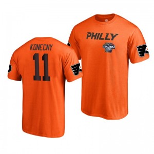 Flyers Travis Konecny 2019 NHL Stadium Series Name and Number Orange T-Shirt - Sale