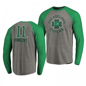 Travis Konecny Flyers 2019 St. Patrick's Day Heathered Gray Luck Tradition Tri-Blend Raglan T-Shirt - Sale