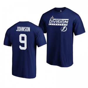 Lightning #9 Tyler Johnson 2019 Atlantic Division Champions Clipping Name and Number Blue T-Shirt - Sale