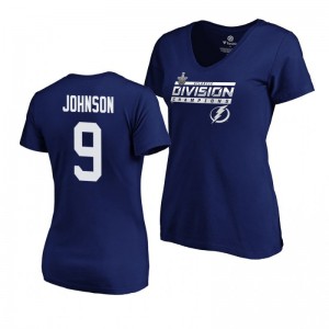 Women's Lightning #9 Tyler Johnson 2019 Atlantic Division Champions Clipping V-Neck Blue T-Shirt - Sale