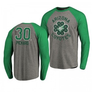Arizona Coyotes Calvin Pickard 2019 St. Patrick's Day Luck Tradition Long Sleeve Tri-Blend Raglan Heathered Gray T-Shirt - Sale