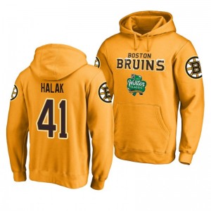 Boston Bruins 2019 Winter Classic Jaroslav Halak gold Fanatics Logo Pullover Hoodie - Sale