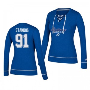 Steven Stamkos Tampa Bay Lightning 2019 Skate Through Women's Blue Lace-Up V-Neck T-Shirt - Sale