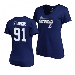 Women's Lightning #91 Steven Stamkos 2019 Atlantic Division Champions Clipping V-Neck Blue T-Shirt - Sale