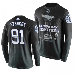 Lightning #91 Steven Stamkos 2019 Presidents' Trophy Winners Backhand Score Long Sleeve T-shirt Black - Sale