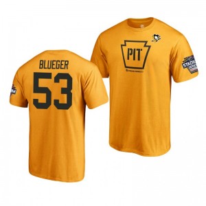 Penguins Teddy Blueger 2019 NHL Stadium Series Name and Number Gold T-Shirt - Sale