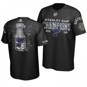 Robert Bortuzzo 2019 Stanley Cup Champions Blues Goaltender Signature Roster T-Shirt - Black - Sale