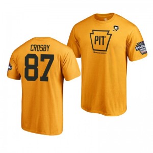 Penguins Sidney Crosby 2019 NHL Stadium Series Name and Number Gold T-Shirt - Sale