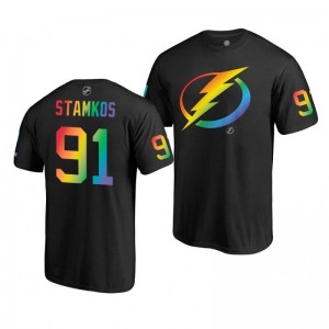 Steven Stamkos Lightning Name and Number LGBT Black Rainbow Pride T-Shirt - Sale