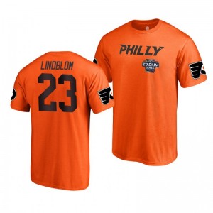 Flyers Oskar Lindblom 2019 NHL Stadium Series Name and Number Orange T-Shirt - Sale