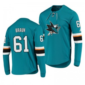 Sharks Justin Braun Teal Adidas Platinum Long Sleeve Jersey T-Shirt - Sale