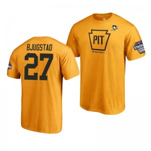 Penguins Nick Bjugstad 2019 NHL Stadium Series Name and Number Gold T-Shirt - Sale