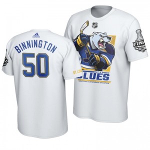 2019 Stanley Cup Final Blues Jordan Binnington Cartoon Mascot T-Shirt - White - Sale