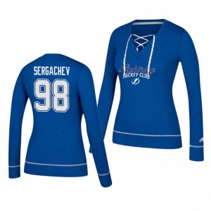 Mikhail Sergachev Tampa Bay Lightning 2019 Skate Through Women's Blue Lace-Up V-Neck T-Shirt - Sale