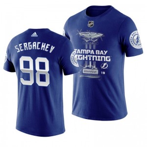 Lightning #98 Mikhail Sergachev 2019 Presidents' Trophy Winners Backhand Score T-shirt Navy - Sale