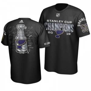 Jordan Binnington 2019 Stanley Cup Champions Blues Goaltender Signature Roster T-Shirt - Black - Sale