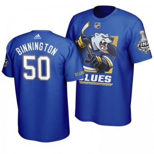 2019 Stanley Cup Final Blues Jordan Binnington Cartoon Mascot T-Shirt - Blue - Sale