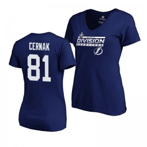 Women's Lightning #81 Erik Cernak 2019 Atlantic Division Champions Clipping V-Neck Blue T-Shirt - Sale