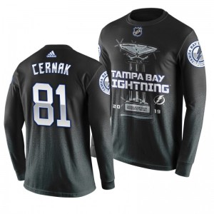 Lightning #81 Erik Cernak 2019 Presidents' Trophy Winners Backhand Score Long Sleeve T-shirt Black - Sale