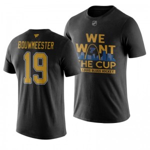 Jay Bouwmeester Blues Black We Want The Cup Stanley Cup Final T-Shirt - Sale