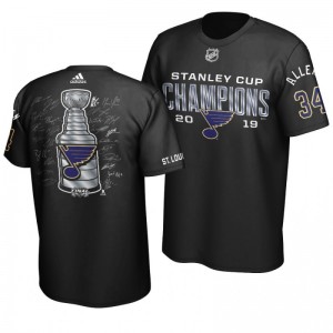 Jake Allen 2019 Stanley Cup Champions Blues Goaltender Signature Roster T-Shirt - Black - Sale