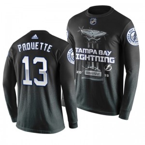 Lightning #13 Cedric Paquette 2019 Presidents' Trophy Winners Backhand Score Long Sleeve T-shirt Black - Sale
