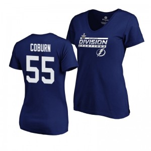 Women's Lightning #55 Braydon Coburn 2019 Atlantic Division Champions Clipping V-Neck Blue T-Shirt - Sale