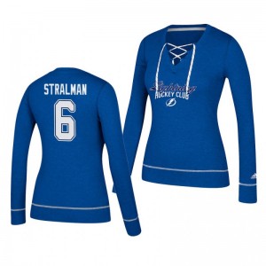 Anton Stralman Tampa Bay Lightning 2019 Skate Through Women's Blue Lace-Up V-Neck T-Shirt - Sale