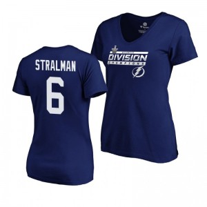Women's Lightning #6 Anton Stralman 2019 Atlantic Division Champions Clipping V-Neck Blue T-Shirt - Sale