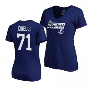 Women's Lightning #71 Anthony Cirelli 2019 Atlantic Division Champions Clipping V-Neck Blue T-Shirt - Sale
