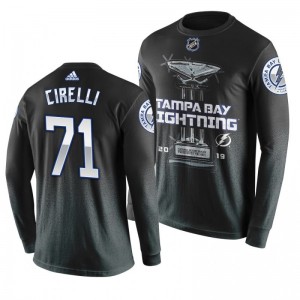 Lightning #71 Anthony Cirelli 2019 Presidents' Trophy Winners Backhand Score Long Sleeve T-shirt Black - Sale